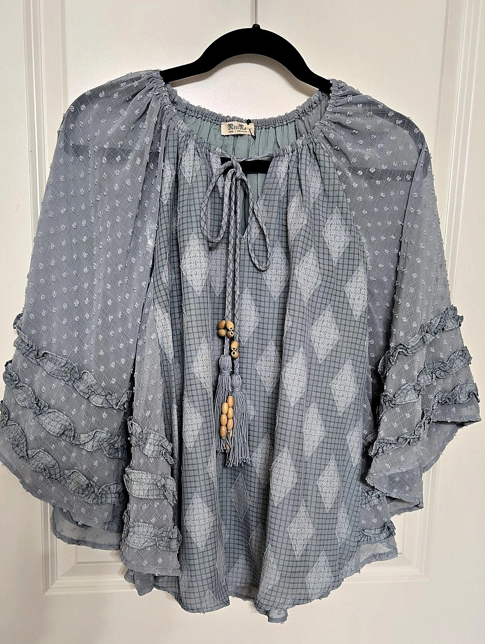 Miss Me MT2630S Ruffled Sleeve Blouse in Blue Size Large Like New